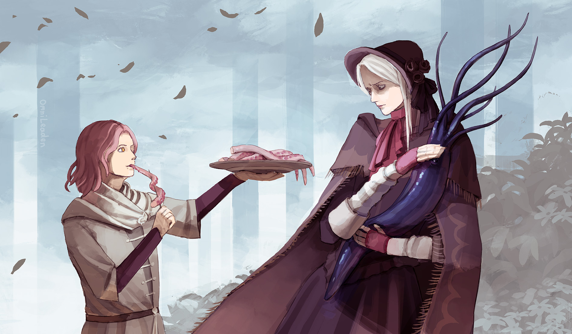 omnileaden, hunter (great one) (bloodborne), melina (elden ring), plain doll, bloodborne, elden ring, highres, bonnet, doll, doll joints, dress, frown, grey hair, joints, octopus, offering food, pink hair, skewer, squid, tentacles