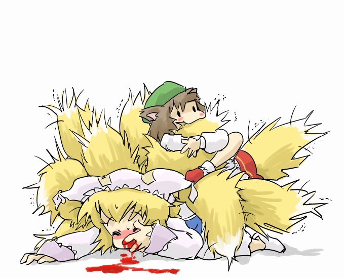 ohyo, chen, yakumo ran, touhou, tail biting, 2girls, animal ears, biting, biting another's tail, blonde hair, blood, brown hair, cat ears, cat girl, cat tail, chibi, fang, female focus, fox ears, fox tail, hat, hug, hugging another's tail, hugging tail, multiple girls, multiple tails, nosebleed, tail