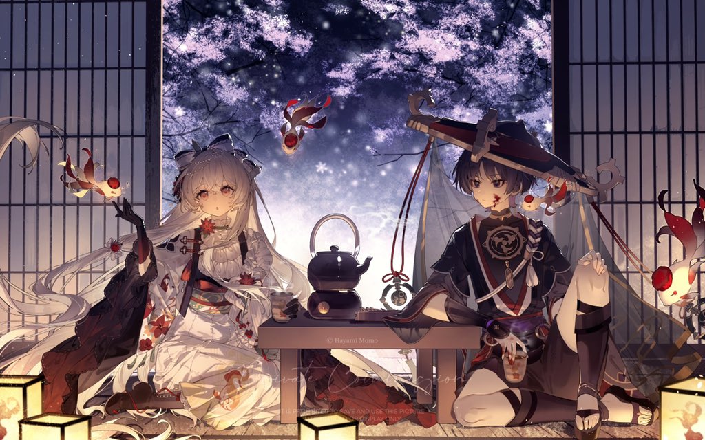 scaramouche (genshin impact), genshin impact, original, artist request, commission, second-party source, 1boy, 1girl, arm rest, armor, bead hairband, black bodysuit, black boots, black eyes, black gloves, black hair, black hat, black kimono, black mask, black sandals, black shorts, black sleeves, blood, blood on face, blunt ends, bodysuit, boots, bow, chest harness, chinese knot, choppy bangs, commissioner insert, commissioner name, couple, covered collarbone, crossed bangs, cup, eyeliner, eyeshadow, floral print, floral print kimono, frilled kimono, frills, gem, gloves, gold, gold trim, grey sleeves, grey veil, hair between eyes, hair bow, hand on own knee, hand up, harness, hat, hayami momo (hayamimomo), hetero, holding, holding cup, indoors, japanese armor, japanese clothes, jewelry, jingasa, juban, kettle, kimono, knee up, koi, kote, kurokote, lace-trimmed bow, lace-trimmed sleeves, lace trim, lantern, layered sleeves, long hair, looking at another, looking up, makeup, mandarin collar, mask on hat, neck ring, o-ring, obi, obiage, obijime, oc x canon, open clothes, open kimono, open mouth, paper lantern, pink hair, print kimono, purple rope, purple sash, red eyeliner, red eyeshadow, red gemstone, red hat, red kimono, red sash, rope, sandals, sash, see-through clothes, see-through veil, shimenawa, short sleeves, shorts, shoulder peek, sidelocks, sitting, sliding doors, steam, table, tassel, tatami, tilted headwear, toes, tsurime, two-tone hat, veil, very long hair, watermark, white bow, white hair, white kimono, white rope, white sleeves, wide sleeves, wooden table, yokozuwari, yunomi, zouri