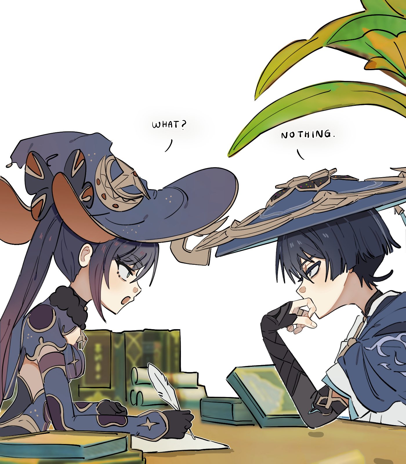 ysnden, mona (genshin impact), scaramouche (genshin impact), wanderer (genshin impact), genshin impact, highres, 1boy, 1girl, arm rest, armor, black bow, black bridal gauntlets, black gloves, black hair, blue cape, blue hat, blue leotard, blue sleeves, blunt ends, bodystocking, book, book stack, bow, bridal gauntlets, brooch, cape, covering own mouth, crescent, crescent hat ornament, curled fingers, detached sleeves, elbow gloves, elbow rest, english text, eyelashes, fingernails, from side, fur collar, gloves, gold, gold trim, gradient hair, grey eyes, grey hair, grey trim, hand over own mouth, hat, hat bow, hat ornament, highleg, highleg leotard, holding, holding quill, indoors, japanese armor, japanese clothes, jewelry, jingasa, kimono, kote, kurokote, layered sleeves, leotard, long hair, looking at another, multicolored hair, open mouth, paper, pink hair, plant, profile, quill, red hat, sanpaku, scroll, short sleeves, sidelocks, sideways mouth, star (symbol), star brooch, star hat ornament, streaked hair, tsurime, twintails, two-sided fabric, two-sided headwear, white background, white kimono, white sleeves, witch hat