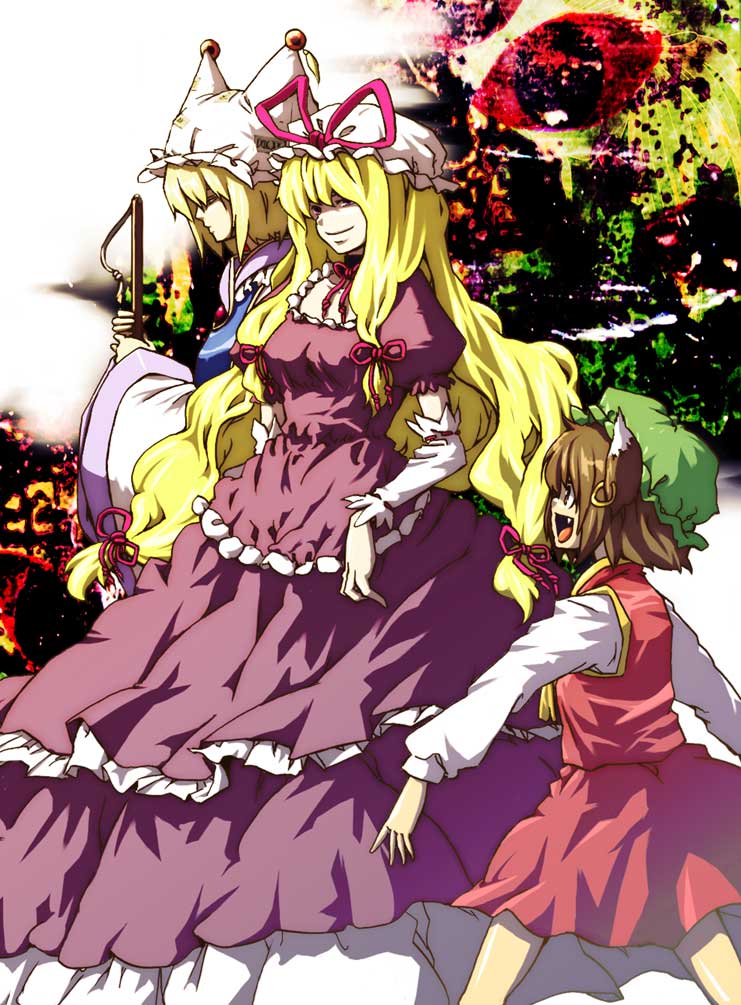 lefthand, chen, yakumo ran, yakumo yukari, touhou, bad id, bad pixiv id, 3girls, animal ears, animal hat, blonde hair, brown hair, cat ears, cat girl, china dress, chinese clothes, dress, earrings, fang, female focus, fox ears, hair ribbon, hat, jewelry, long sleeves, mob cap, multiple girls, ribbon, short hair, tassel, wide sleeves