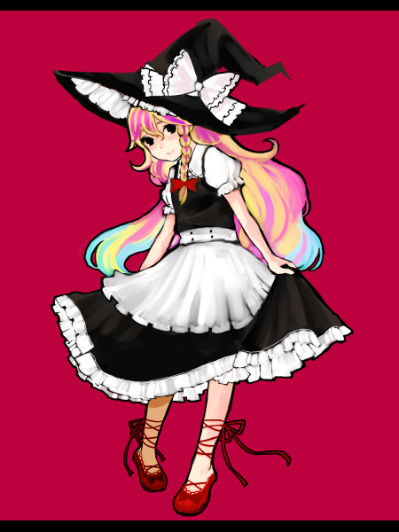 tan (tangent), ted (artist), kirisame marisa, touhou, bad id, bad pixiv id, 1girl, ankle lace-up, blonde hair, blue hair, braid, female focus, hat, letterboxed, long hair, multicolored hair, pigeon-toed, pink hair, red background, ribbon, side braid, simple background, smile, solo, witch, witch hat