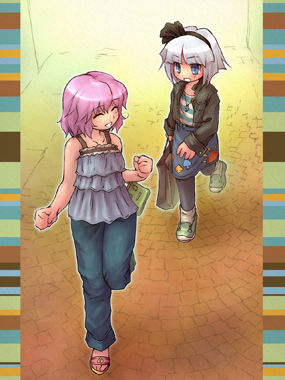 sankuma, konpaku youmu, saigyouji yuyuko, touhou, silver hair, 2girls, alternate costume, bag, blue eyes, casual, contemporary, female focus, gradient background, hairband, multiple girls, pink hair, ribbon, short hair, skirt