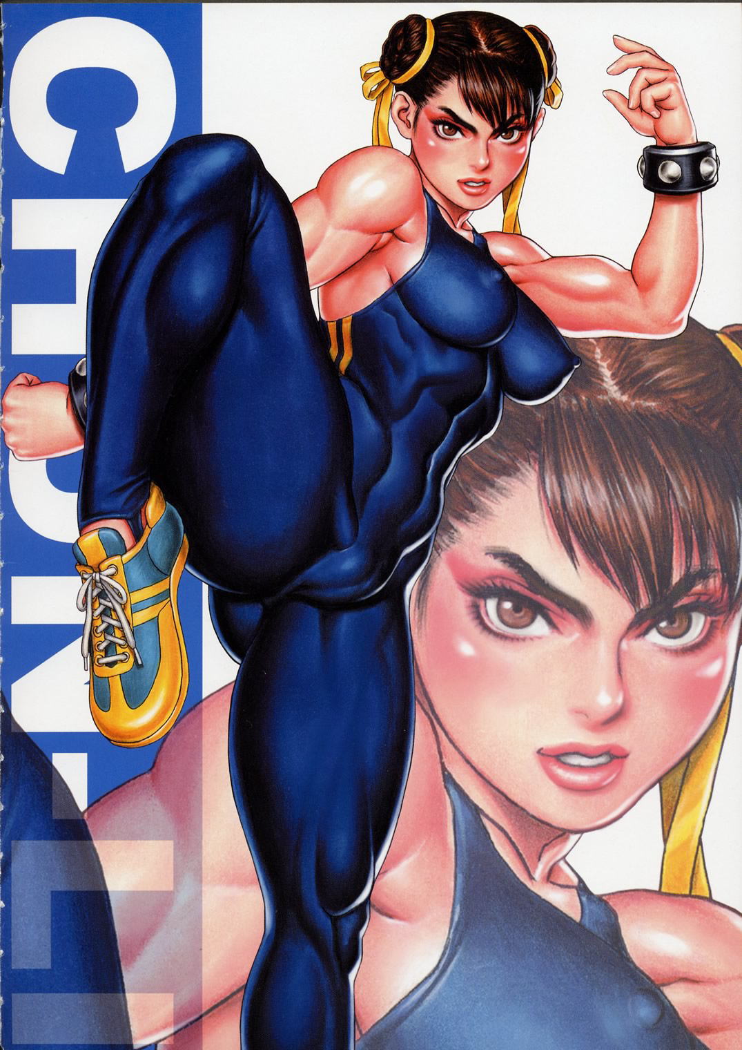 tsukasa jun, chun-li, capcom, street fighter, street fighter ii (series), street fighter zero (series), street fighter zero i, highres, scan, 1990s (style), 1girl, abs, arms up, bodysuit, breasts, brown eyes, brown hair, cameltoe, cleavage, covered erect nipples, double bun, eyeshadow, female focus, hair bun, hairband, high kick, kicking, large breasts, leotard, lips, makeup, muscular, muscular female, nipples, panties, retro artstyle, shoes, skin tight, sneakers, solo, thick thighs, thighhighs, thighs, underwear, unitard, zoom layer