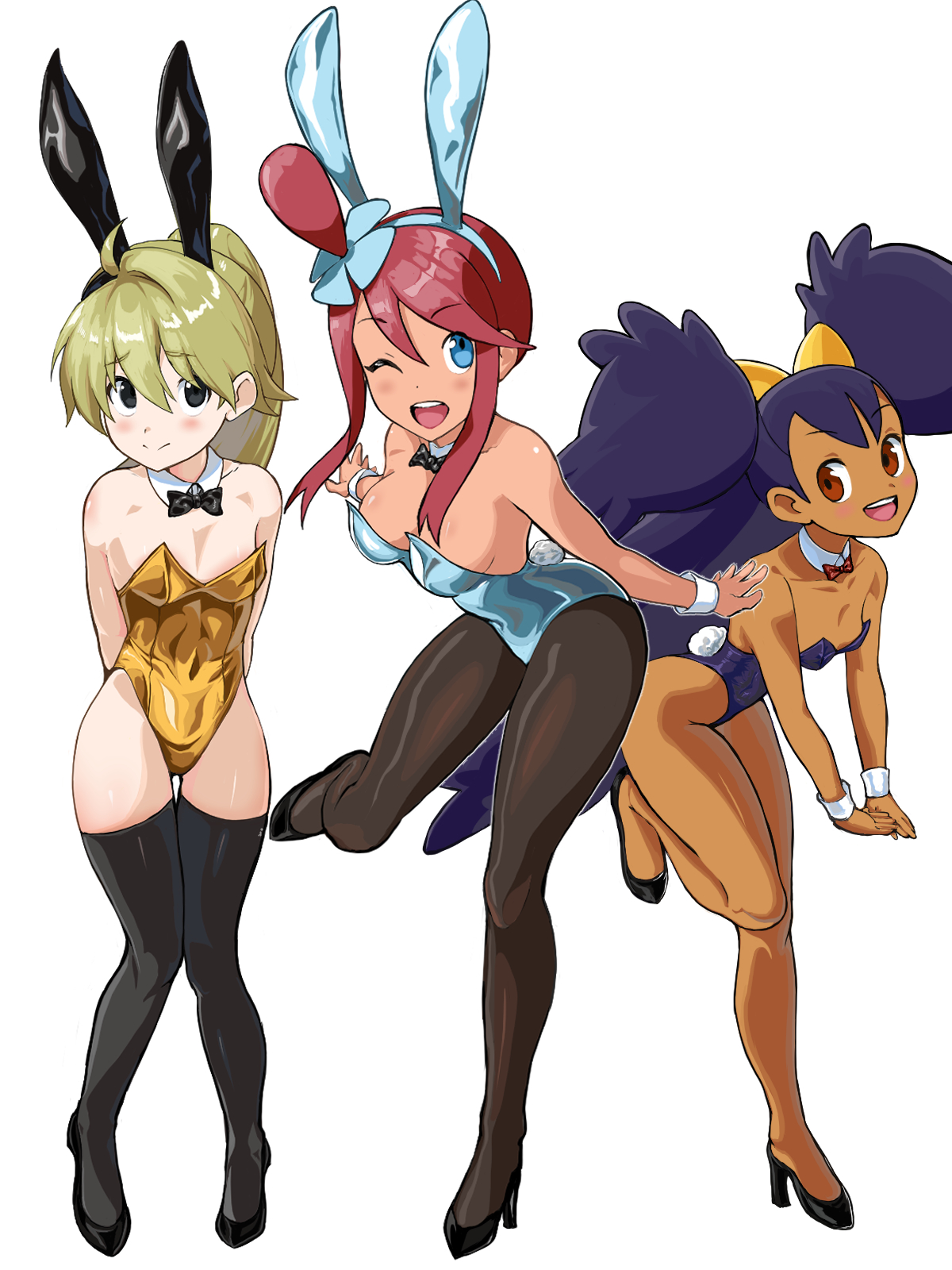 nat (nashumash), iris (pokemon), skyla (pokemon), yellow (pokemon), nintendo, pokemon, pokemon adventures, commentary request, highres, 3girls, :d, ;d, alternate costume, animal ears, black bow, black bowtie, black eyes, black hairband, black shoes, black thighhighs, blonde hair, blue eyes, blush, bow, bowtie, breasts, brown eyes, closed mouth, dark-skinned female, dark skin, detached collar, hair ornament, hairband, high heels, knees together feet apart, leg up, leotard, long hair, looking up, multiple girls, one eye closed, one side up, open mouth, pantyhose, playboy bunny, rabbit ears, shoes, simple background, smile, split mouth, standing, teeth, thighhighs, two side up, upper teeth only, white background, wrist cuffs, yellow leotard