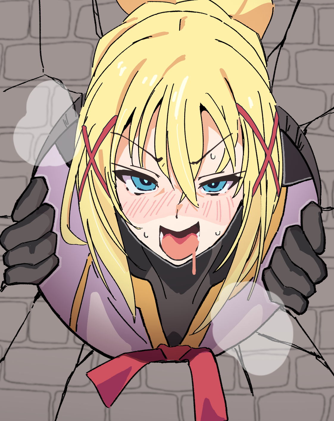 noyama takenoko, darkness (konosuba), kono subarashii sekai ni shukufuku wo!, commentary, highres, 1girl, aqua eyes, black gloves, blonde hair, blush, brick wall, crack, drooling, female pervert, gloves, hair between eyes, hair ornament, heavy breathing, looking at viewer, nose blush, open mouth, pervert, ponytail with braided base, solo, sweat, through wall, tongue, v-shaped eyebrows, x hair ornament