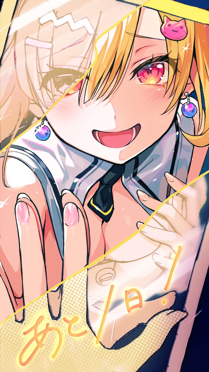 nobusawa osamu, bang dream!, bang dream! mugendai mewtype, commentary request, highres, 1girl, blonde hair, breasts, cleavage, cleavage cutout, clothing cutout, hair between eyes, hair ornament, hairclip, long hair, looking at viewer, medium breasts, nakamachi arale, open mouth, pink eyes, solo, virtual youtuber
