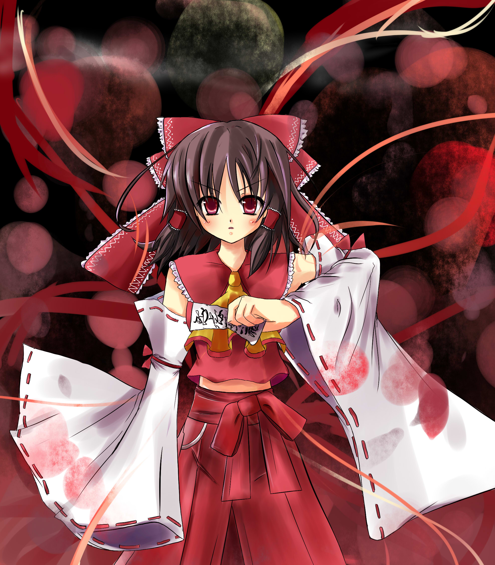 katyo, hakurei reimu, touhou, highres, 1girl, brown hair, detached sleeves, female focus, japanese clothes, miko, ofuda, red eyes, ribbon, skirt, solo