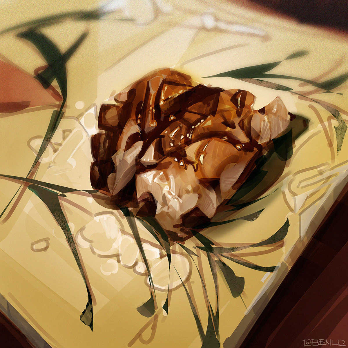 ben lo, original, highres, fish (food), food, food focus, from above, nigirizushi, no humans, octopus (food), painterly, sauce, sushi