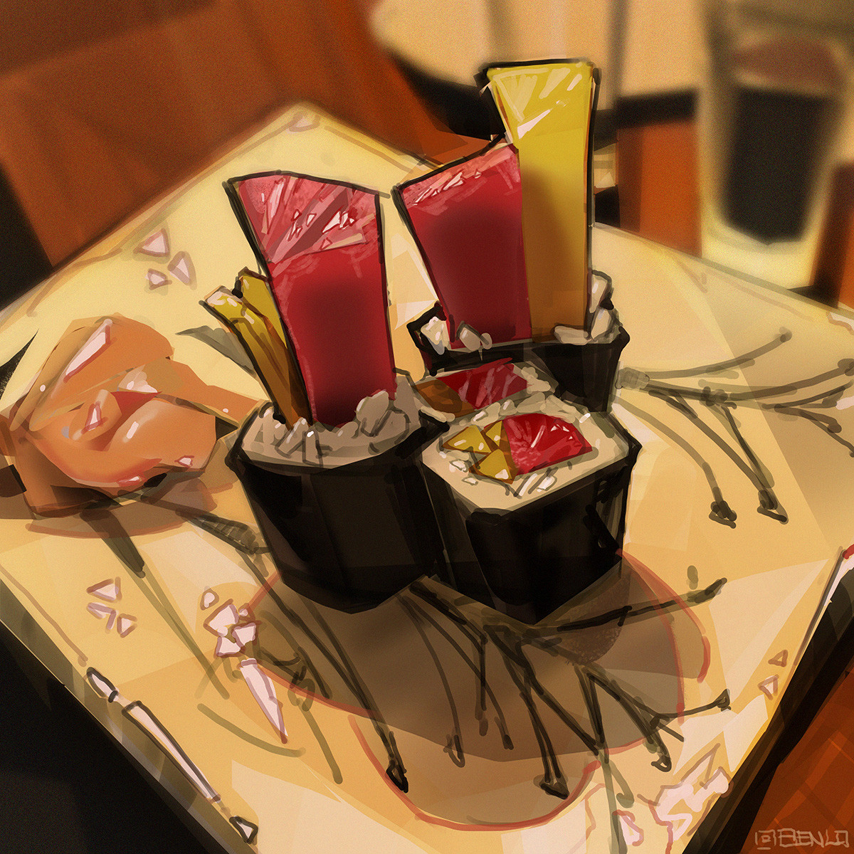 ben lo, original, highres, blurry, blurry background, cup, depth of field, fish (food), food, food focus, ginger root, glass, nigirizushi, no humans, nori (seaweed), painterly, plate, rice, sushi, tuna