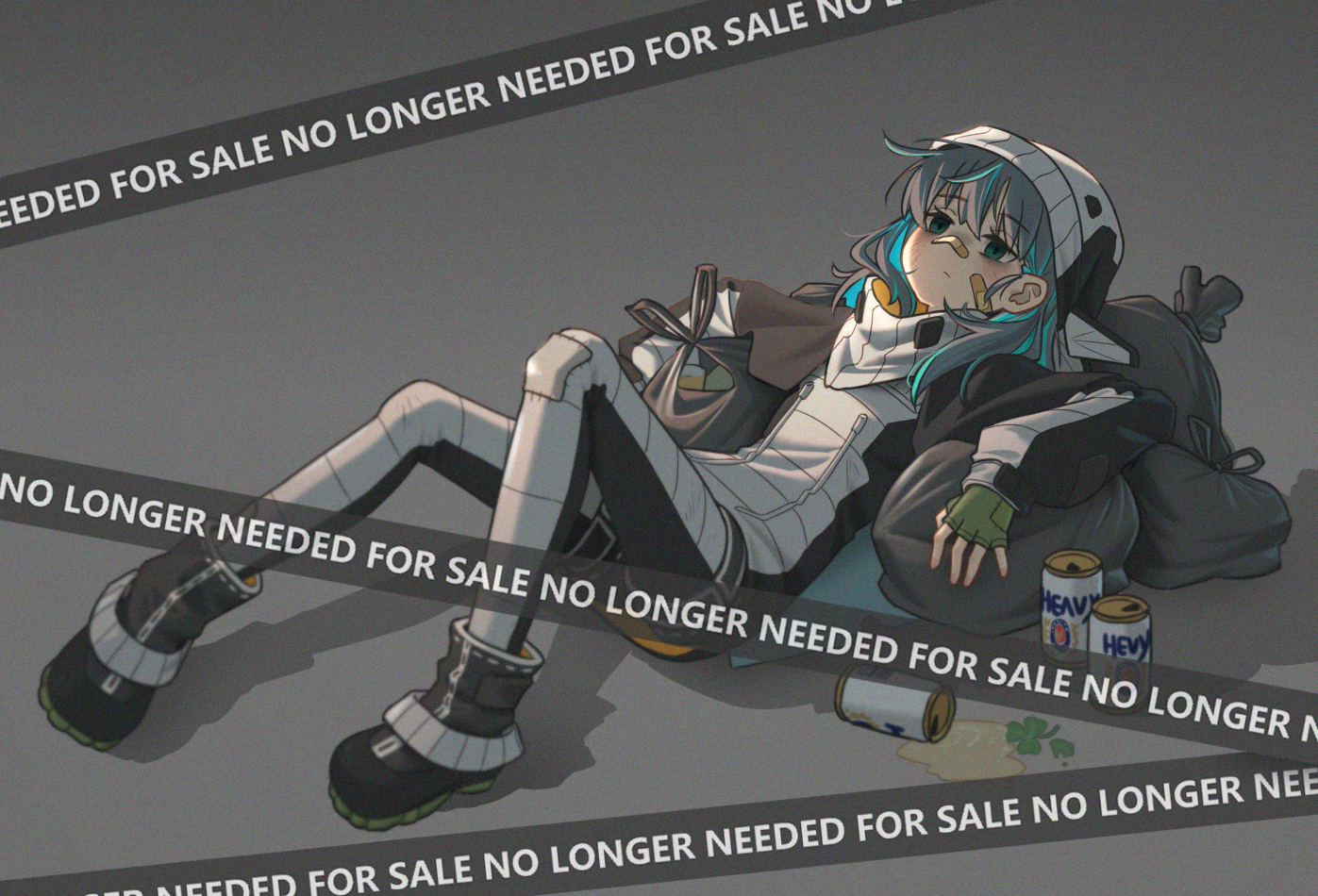 myvia mokols, original, 1girl, aqua hair, bandaid, bandaid on cheek, bandaid on face, bandaid on nose, beer can, black hat, black hoodie, black pants, boots, can, drink can, expressionless, hat, hood, hoodie, humanization, lying, mecha musume, on back, pants, patch, personification, solo, spacex, starship-chan, trash, trash bag, two-tone hat, two-tone hoodie, two-tone pants, white hat, white hoodie, white pants