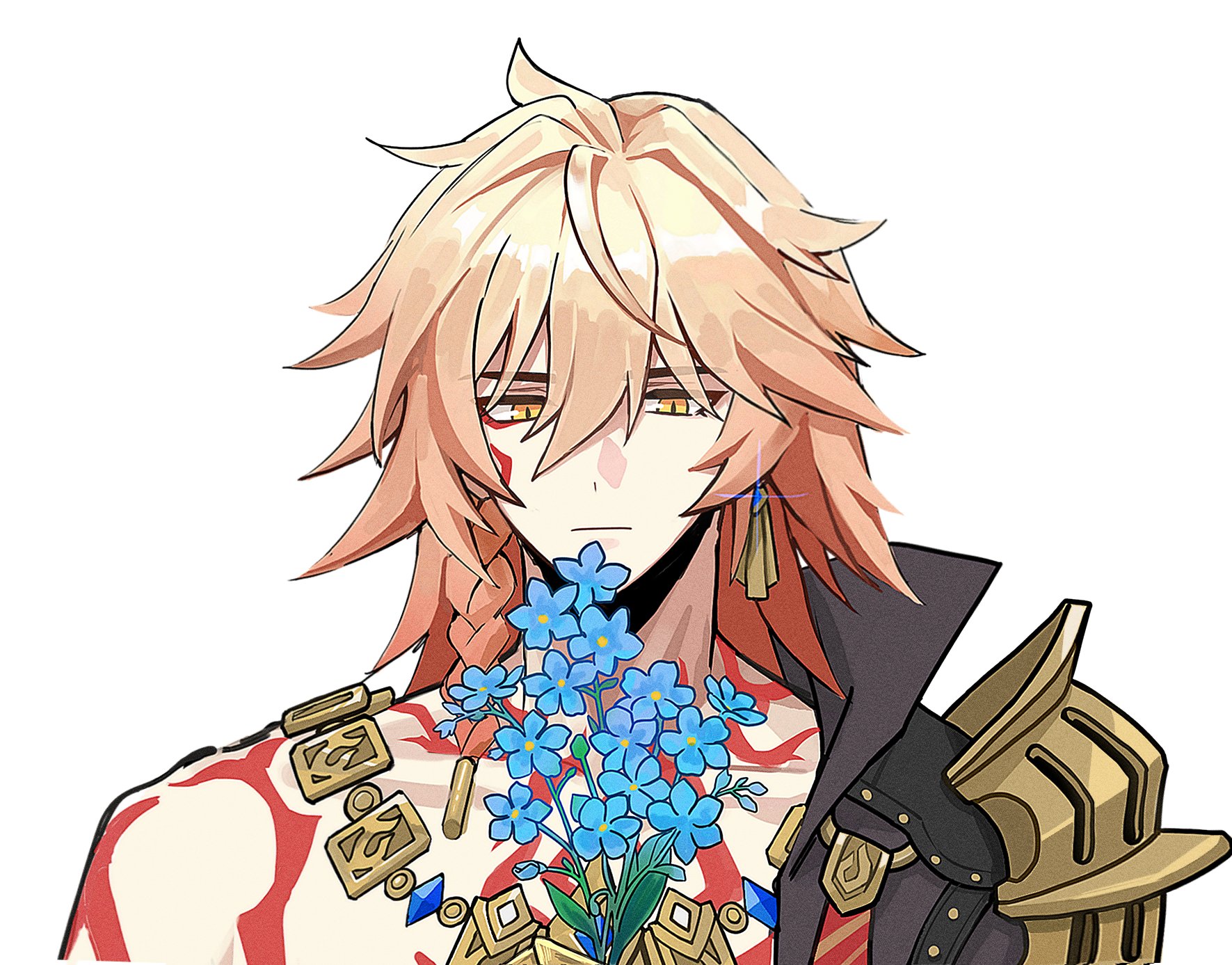 mydei (honkai: star rail), honkai: star rail, honkai (series), highres, 1boy, black coat, blue flower, braid, closed mouth, coat, collarbone, earrings, facial tattoo, flower, jewelry, looking down, male focus, medium hair, open clothes, open coat, orange hair, red tattoo, side braid, simple background, single braid, single earring, solo, sugarsalt o, tattoo, upper body, white background, yellow eyes