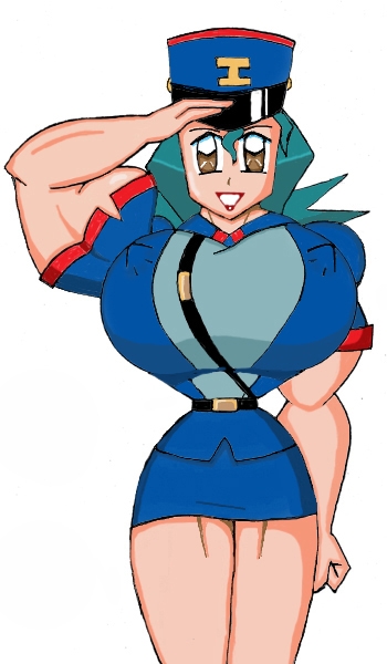 jenny (pokemon), nintendo, pokemon, creatures (company), game freak, uniform, belt, breasts, green hair, hat, huge breasts, muscular, police, police uniform, policewoman, quality, red eyes, salute, smile