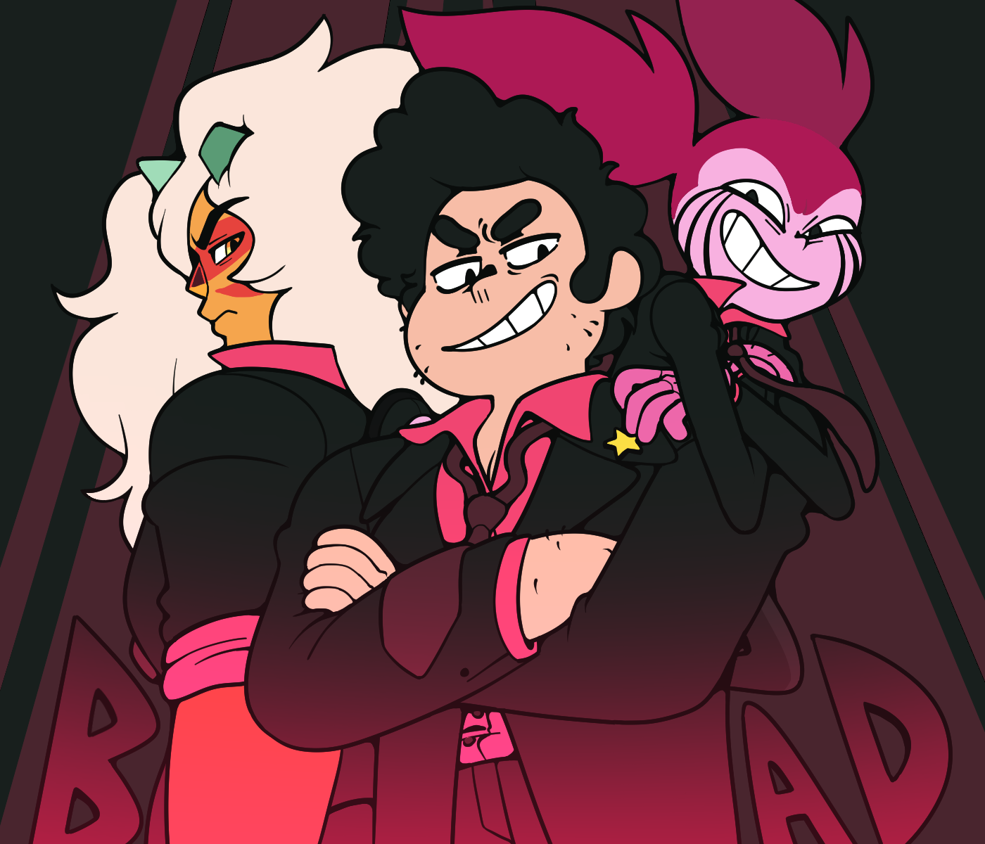 discount-supervillain, jasper (steven universe), spinel (steven universe), steven quartz universe, steven universe, highres, 1boy, 2girls, broken horn, colored skin, facial hair, formal clothes, gloves, green horns, horns, jacket, jasper (post-corruption) (steven universe), jasper (species) (steven universe), long hair, looking at viewer, multiple girls, muscular, muscular female, orange skin, pink gloves, pink hair, pink skin, smile, steven universe: future, striped skin, stubble, suit, tomboy, twintails