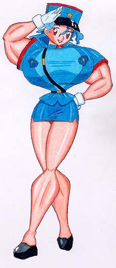 jenny (pokemon), nintendo, pokemon, creatures (company), game freak, uniform, belt, breasts, gloves, green hair, hat, huge breasts, miniskirt, muscular, police, police uniform, policewoman, quality, red eyes, salute, shoes, skirt, smile, white gloves