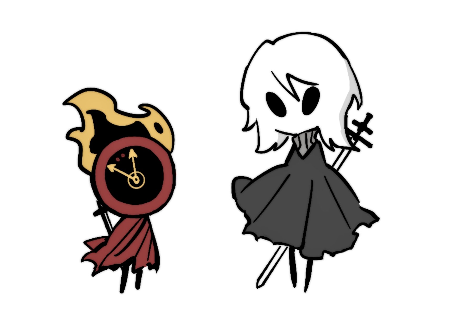 ivy (675671), dante (limbus company), faust (project moon), hornet (hollow knight), knight (hollow knight), hollow knight, hollow knight: silksong, limbus company, project moon, highres, 1girl, 1other, arthropod girl, black cloak, black eyes, black skin, blank eyes, cape, cloak, clock, colored skin, fire, flaming head, full body, grey cloak, height difference, hollow eyes, object head, pale skin, parody, red cloak, short hair, simple background, standing, style parody, sweater, sword, turtleneck, turtleneck sweater, weapon, white background, white hair, white skin, zweihander
