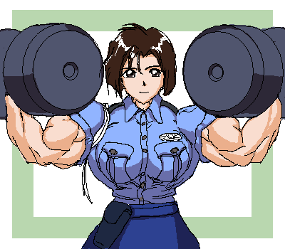 ren (tainca2000), tsujimoto natsumi, taiho shichauzo, lowres, breasts, brown eyes, brown hair, exercising, extreme muscles, holster, huge breasts, muscular, police, police uniform, policewoman, short hair, skirt, weightlifting, weights
