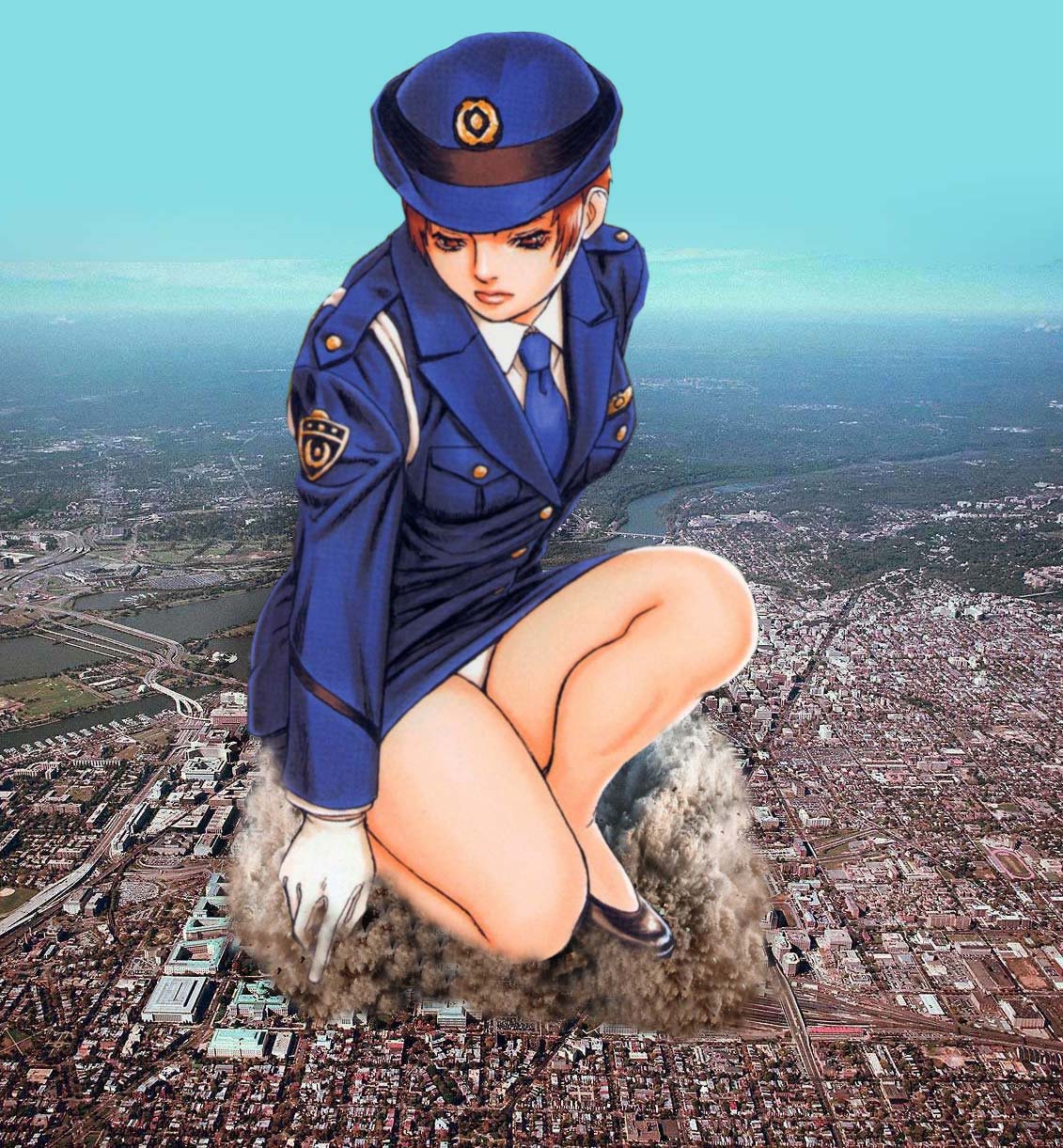 gts, character request, highres, brown eyes, brown hair, city, giant, giantess, gloves, hat, huge giantess, miniskirt, necktie, panties, pantyshot, police, police uniform, policewoman, shoes, short hair, sitting, skirt, underwear, white gloves, white panties