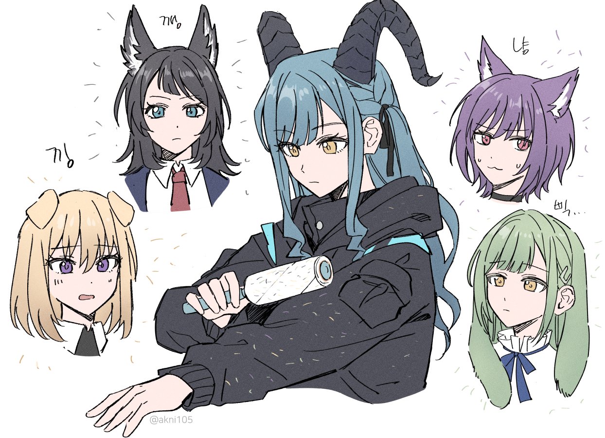 akni, misumi uika, togawa sakiko, wakaba mutsumi, yahata umiri, yuutenji nyamu, arknights, ave mujica (bang dream!), bang dream!, bang dream! it's mygo!!!!!, commentary request, korean commentary, 5girls, :3, animal ears, black choker, black hair, blonde hair, blue eyes, cat ears, cat girl, choker, closed mouth, dog ears, dog girl, green hair, hair between eyes, hair ornament, hairclip, horns, lint roller, long hair, medium hair, misumi uika (caged singer), multiple girls, necktie, open mouth, pink eyes, purple eyes, purple hair, rabbit ears, rabbit girl, red necktie, short hair, simple background, sweatdrop, togawa sakiko (master of melodia), wakaba mutsumi (marionette's id), white background, wolf ears, wolf girl, yahata umiri (moonlight executioner), yellow eyes, yuutenji nyamu (magician of passion)