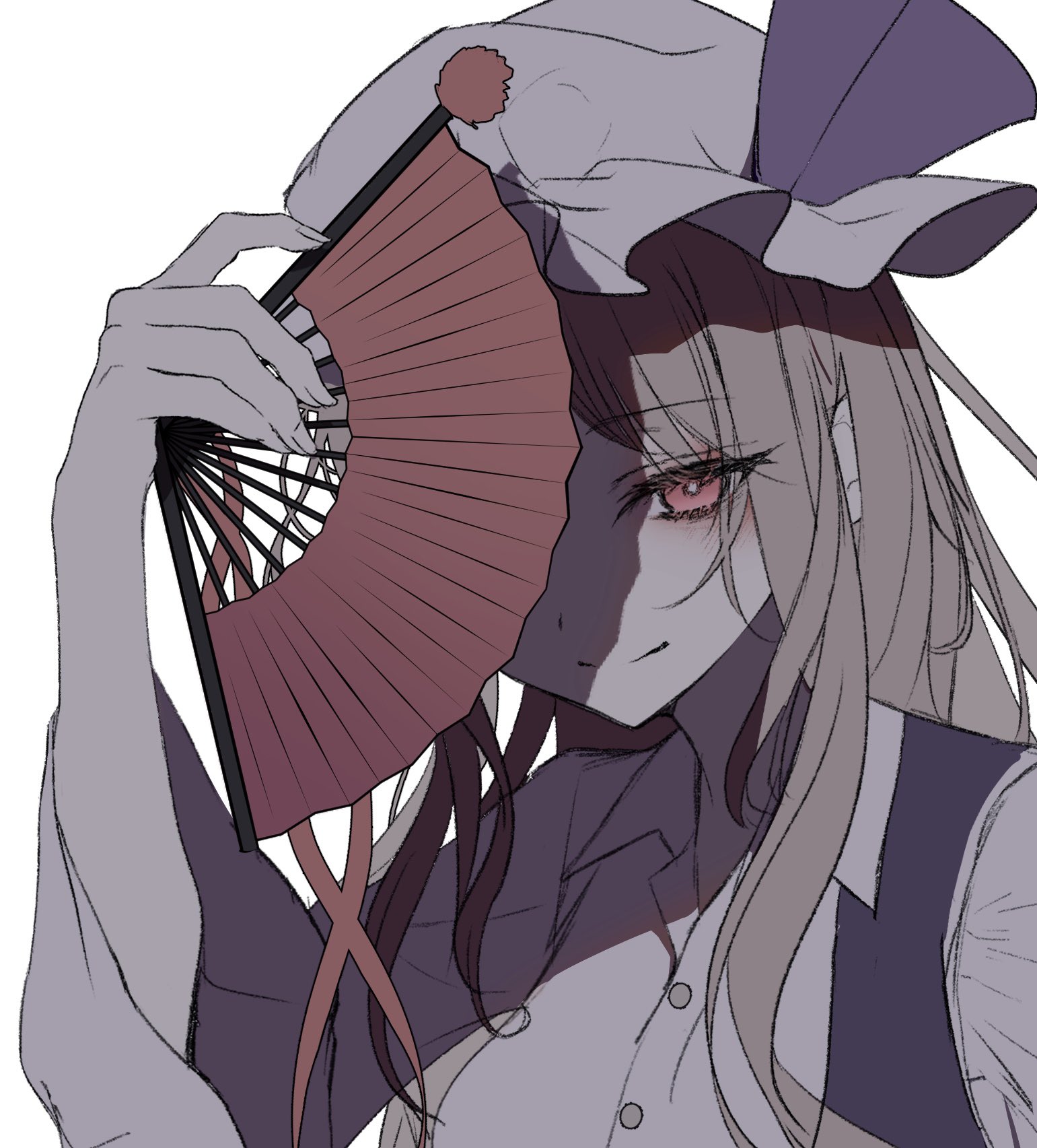 hegata (hegatia lapis), watatsuki no toyohime, touhou, highres, 1girl, blonde hair, closed mouth, collared shirt, hand fan, hat, holding, holding fan, long hair, long sleeves, looking at viewer, mob cap, red eyes, shaded face, shirt, smile, solo, upper body, white background, white shirt
