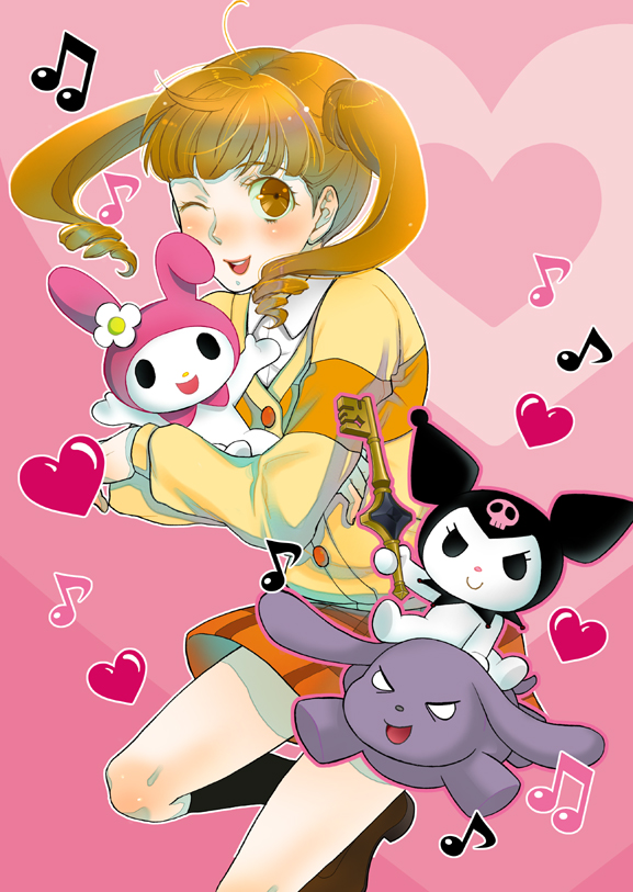 hachikou (hatty463), baku (onegai my melody), kuromi, my melody, yumeno uta, onegai my melody, sanrio, bad id, bad pixiv id, 00s, 1girl, brown eyes, brown hair, drill hair, one eye closed, school uniform, serafuku, socks, twintails, wink