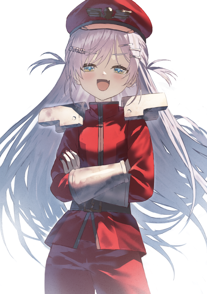 fagi (kakikaki), m. bison, yano kuromu, street fighter, vspo!, commentary, 1girl, cosplay, crossed arms, hat, long hair, m. bison (cosplay), open mouth, solo, two side up, virtual youtuber