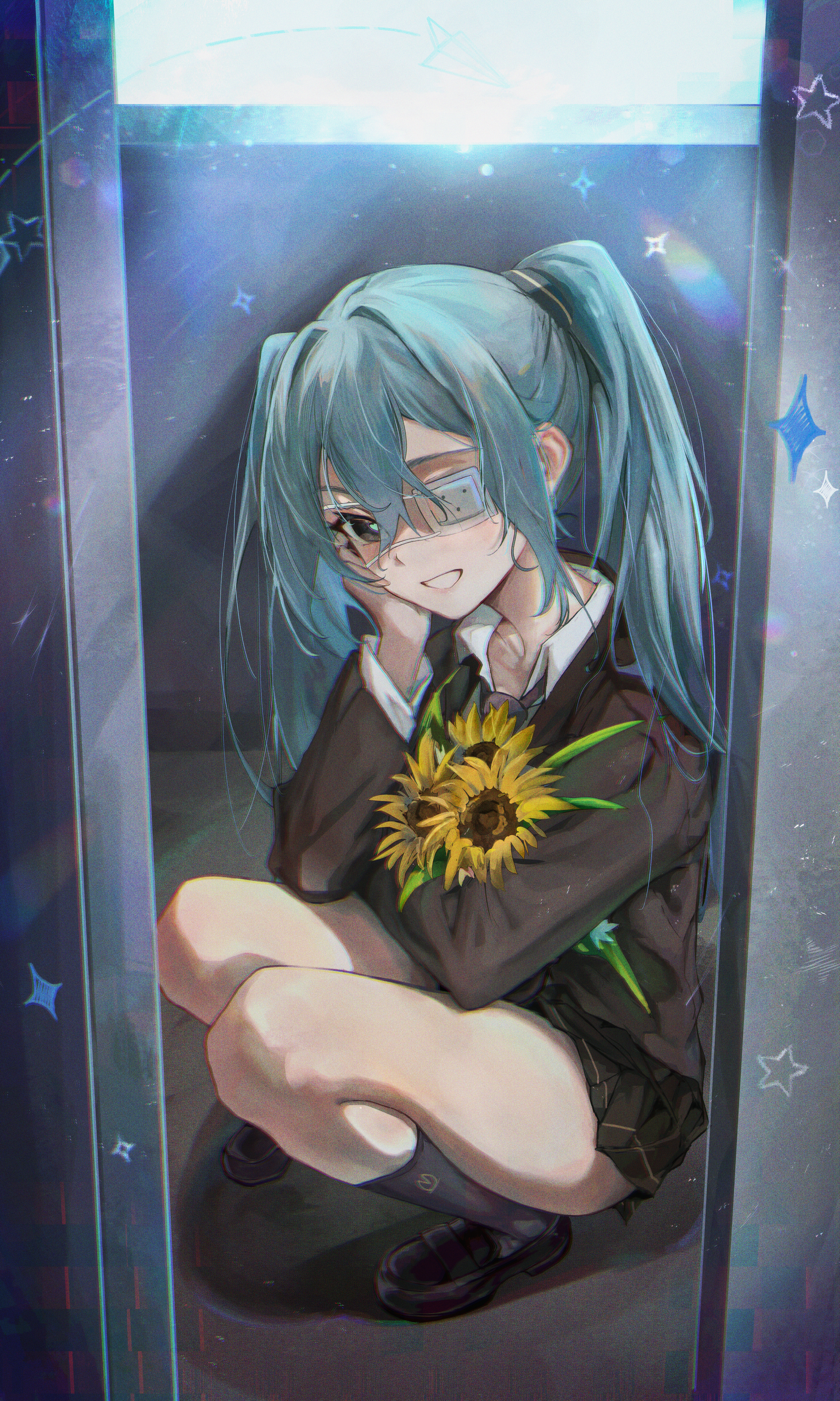 nadenadesuki, hatsune miku, monitoring (vocaloid), vocaloid, absurdres, commentary, highres, 1girl, aqua eyes, aqua hair, brown jacket, brown skirt, eyepatch, flower, hair between eyes, hand on own cheek, hand on own face, jacket, long hair, open mouth, pleated skirt, school uniform, skirt, solo, sunflower, twintails