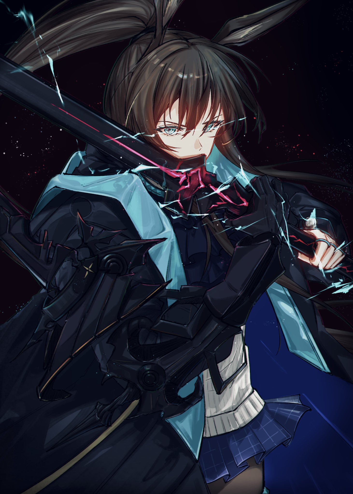 cheddar n, amiya (arknights), amiya (guard) (arknights), arknights, commentary request, highres, 1girl, animal ears, aqua eyes, black background, black coat, black pantyhose, blue coat, blue skirt, brown hair, coat, covered mouth, cowboy shot, cyborg, eye trail, floating hair, hair between eyes, holding, holding sword, holding weapon, jewelry, light particles, light trail, long hair, looking at viewer, magic, mechanical arms, miniskirt, multiple rings, pantyhose, pleated skirt, ring, single mechanical arm, skirt, solo, standing, sweater, sword, two-sided coat, two-sided fabric, weapon, white sweater