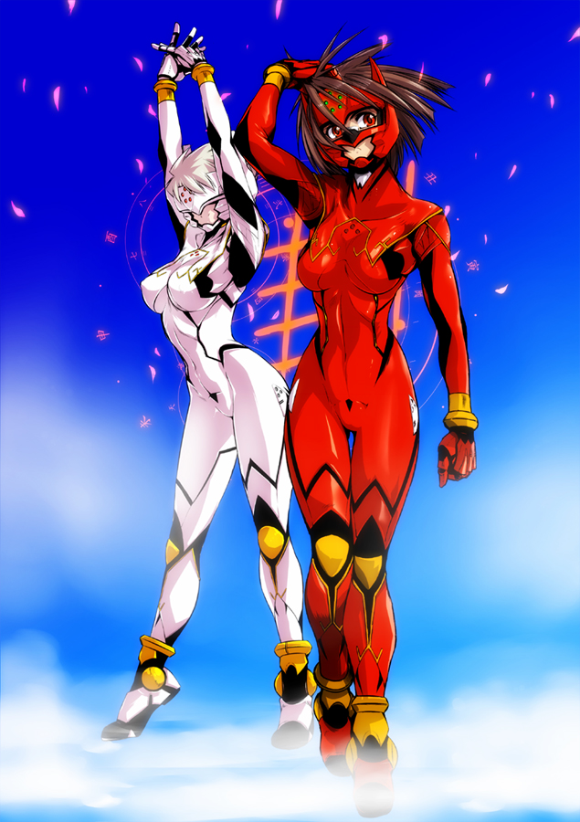 ez6, original, 2girls, arms up, black hair, blindfold, bodysuit, bracer, breasts, brown hair, cherry blossoms, cloud, covered erect nipples, covered navel, day, from side, frown, full body, hand on own head, head-mounted display, hip focus, interlocked fingers, large breasts, light smile, looking to the side, mask, mecha pilot suit, multiple girls, narrow waist, outdoors, own hands together, petals, plugsuit (evangelion), red eyes, short hair, skin tight, sky, smile, standing, stretching, thigh gap, tiptoes, toned, white hair