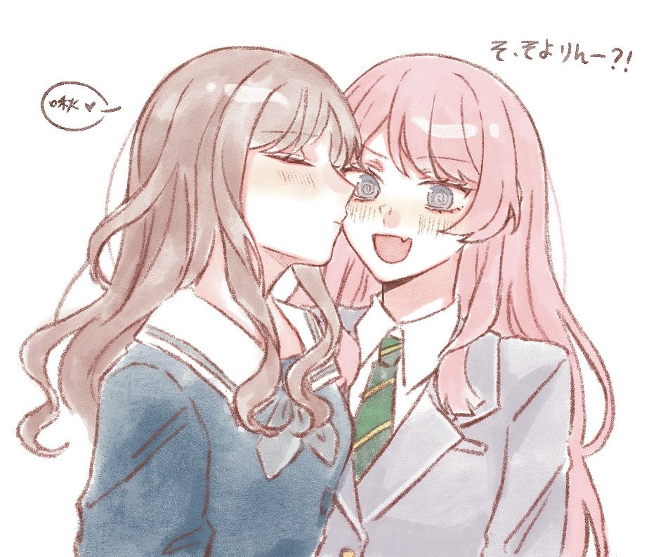 yuyuyang0402, chihaya anon, nagasaki soyo, bang dream!, bang dream! it's mygo!!!!!, chinese commentary, commentary request, partially translated, translation request, 2girls, @ @, blue shirt, blush, brown hair, chinese text, diagonal-striped clothes, diagonal-striped necktie, fang, green necktie, grey eyes, grey jacket, grey neckerchief, haneoka school uniform, jacket, long hair, multiple girls, neckerchief, necktie, open mouth, pink hair, school uniform, shirt, sidelocks, simple background, skin fang, striped clothes, tsukinomori school uniform, white background
