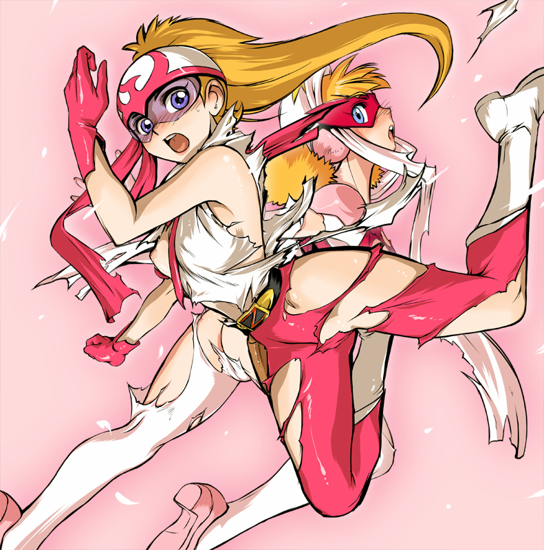 ez6, mikazuki nana, otasukeman 2-gou, sakura-chan (zenderman), zenderman 2-gou, time bokan (series), time patrol-tai otasukeman, zenderman, visor, 1980s (style), 1970s (style), 2girls, :o, arm up, armpits, ass, bare shoulders, belt, blonde hair, blue eyes, blush, boots, breast slip, breasts, clenched hand, crossover, embarrassed, flat chest, gloves, groin, helmet, high heels, inverted nipples, jumping, knee boots, kneehighs, long hair, looking back, mask, midriff, multiple girls, nipples, no bra, no panties, oldschool, one breast out, open mouth, pants, pink background, ponytail, profile, retro artstyle, ribbon, shirt, shoes, short hair, short twintails, simple background, socks, spandex, spread legs, surprised, sweatdrop, torn clothes, twintails