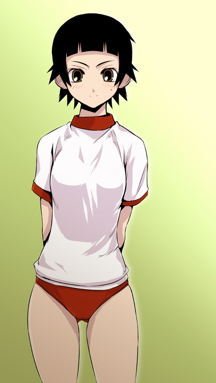ez6, tsunetsuki matoi, sayonara zetsubou sensei, 00s, black hair, brown eyes, buruma, gym uniform, short hair, smile, solo