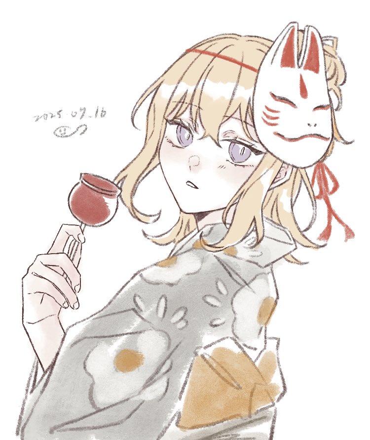 yuyuyang0402, misumi uika, bang dream!, bang dream! it's mygo!!!!!, chinese commentary, commentary request, 1girl, blonde hair, candy apple, dated, food, grey kimono, hair between eyes, hair bun, holding, holding candy apple, holding food, japanese clothes, kimono, looking at viewer, mask, mask on head, medium hair, open mouth, purple eyes, sidelocks, simple background, single side bun, solo, white background, yukata