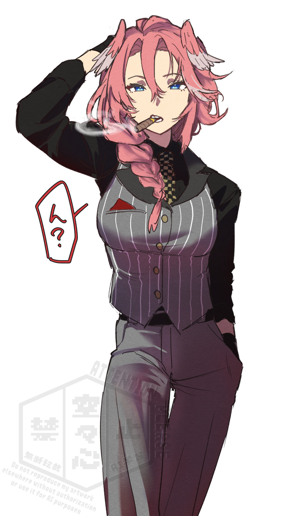 karakr shin, takane lui, hololive, highres, 1girl, black gloves, blue eyes, braid, cigar, earrings, formal clothes, glasses, gloves, hand in own hair, hand in pocket, jewelry, necktie, pants, pink hair, side braid, smoking, solo, suit, teeth, white background, yakuza