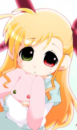 kubocha, vivio, lyrical nanoha, mahou shoujo lyrical nanoha, mahou shoujo lyrical nanoha strikers, lowres, 00s, 1girl, blonde hair, child, female focus, heterochromia, solo, stuffed animal, stuffed rabbit, stuffed toy