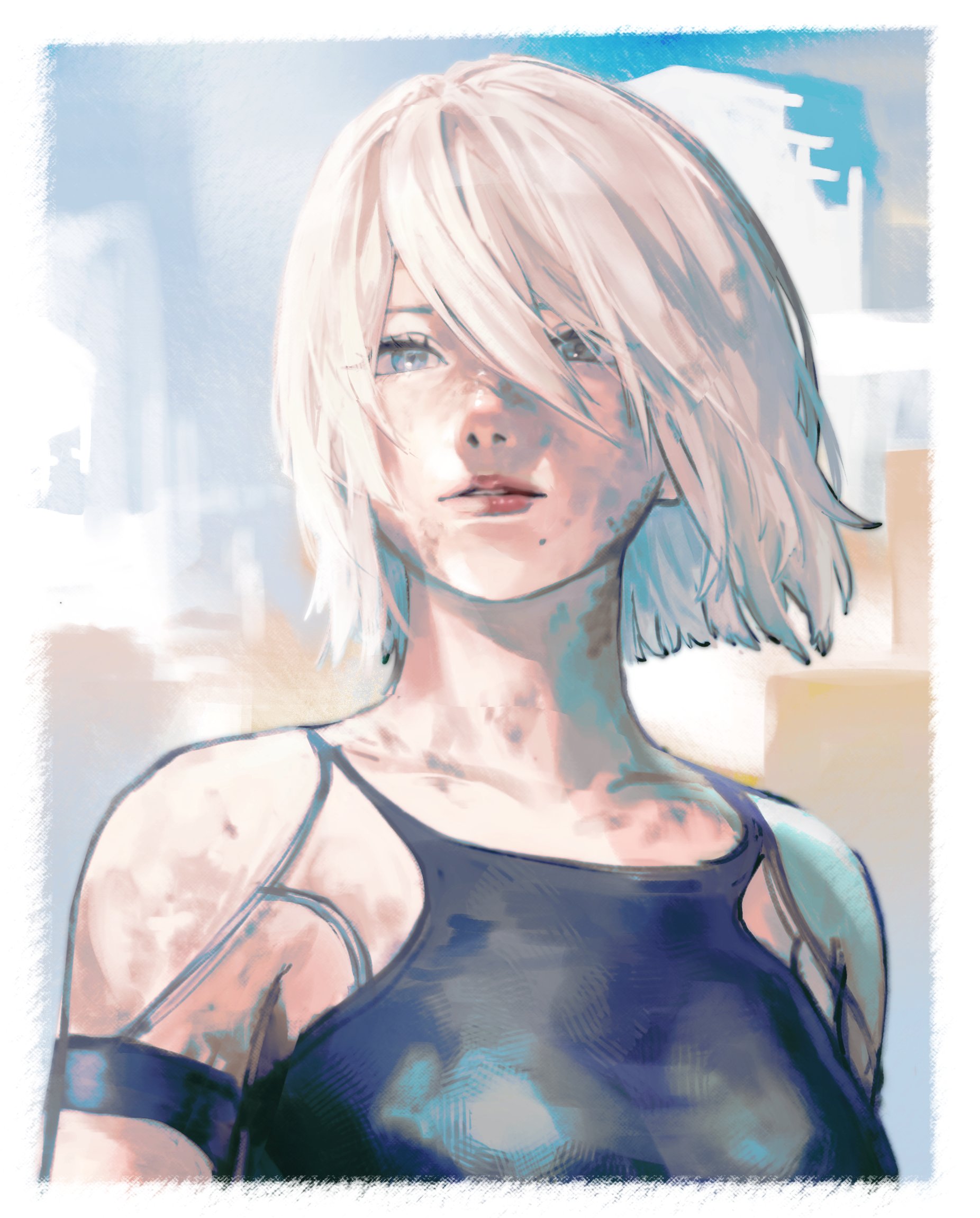suru (seiya), a2 (nier:automata), nier:automata, nier (series), highres, 1girl, armlet, blue eyes, border, dirty, dirty face, hair between eyes, jewelry, long hair between eyes, short hair, solo, upper body, white border, white hair