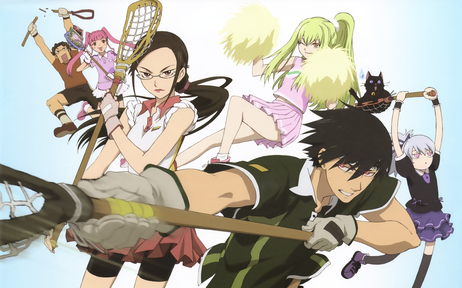 yasaki yuuko, amber (darker than black), hei (darker than black), kayanuma kiko, kirihara misaki, kurusawa gai, mao (darker than black), yin (darker than black), darker than black, highres, official art, official wallpaper, 00s, 2boys, 4girls, black cat, cat, cheerleader, glasses, gloves, lacrosse, multiple boys, multiple girls, thighhighs