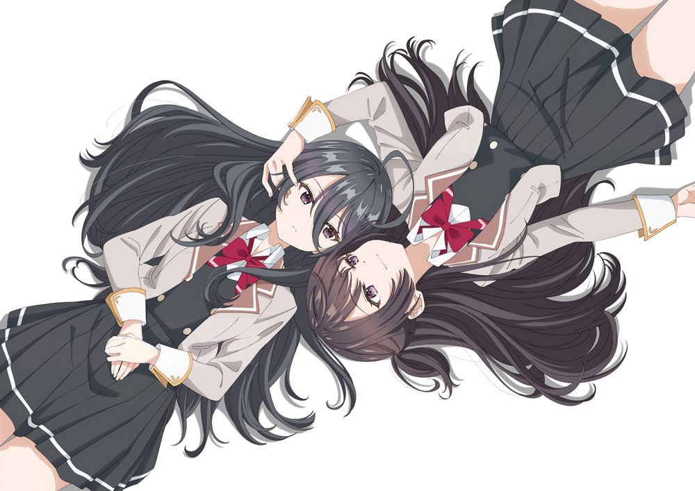kimishima ayano, suou yuki, doga kobo, tokidoki bosotto roshia-go de dereru tonari no alya-san, cleaned, highres, official art, 2girls, ahoge, black eyes, black hair, black skirt, black vest, blazer, bowtie, breasts, brown jacket, closed mouth, collared shirt, dot nose, female focus, flat chest, hand on another's head, jacket, legs, long hair, long sleeves, looking at another, lying, miniskirt, multiple girls, on back, pleated skirt, red bow, red bowtie, school uniform, seiren academy school uniform, shirt, shirt under vest, simple background, skirt, small breasts, thighs, vest, white background, white shirt