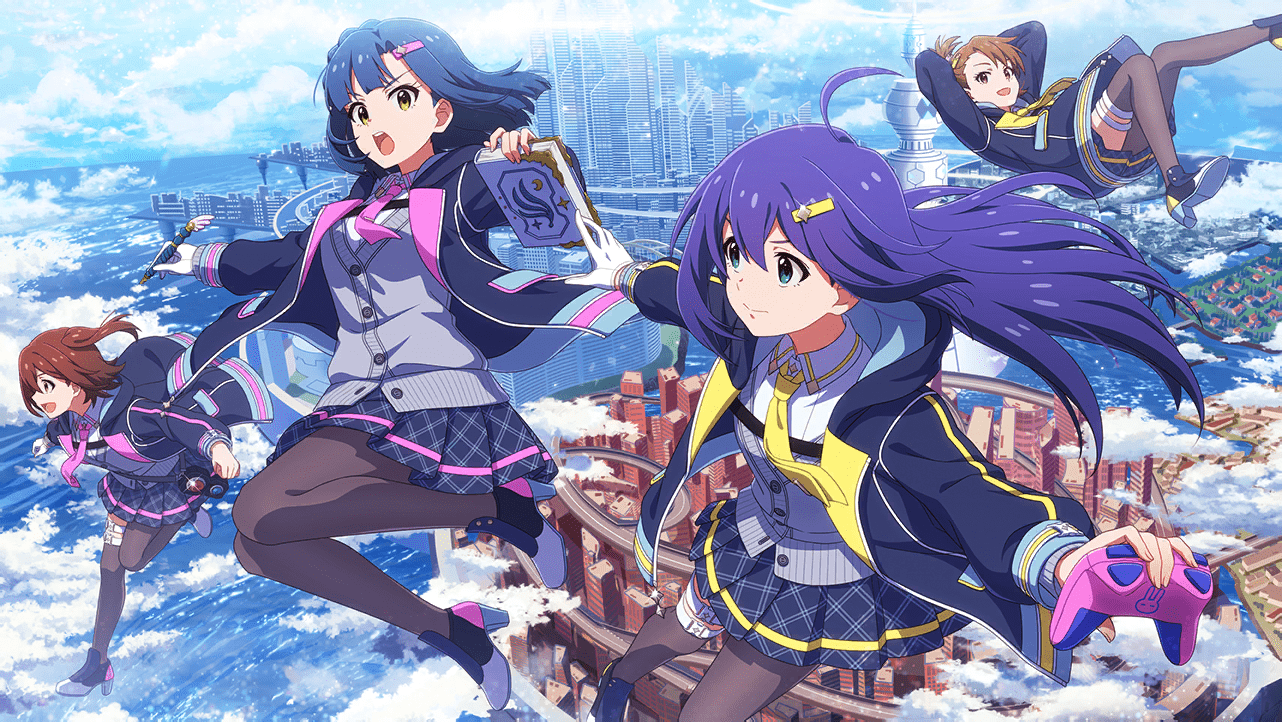 futami ami, kasuga mirai, mochizuki anna, nanao yuriko, game cg, official art, 4girls, blue eyes, blue hair, book, boots, brown eyes, brown hair, buttons, cardigan, cityscape, cloud, controller, floating, game controller, high heel boots, high heels, multiple girls, necktie, open mouth, pen, profile, side ponytail, single thighhigh, skirt, thighhighs, water, yellow eyes