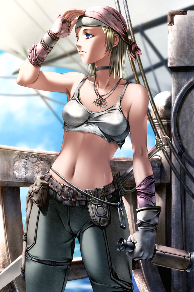 rezi, original, bad id, bad pixiv id, 1girl, bandana, belt, blonde hair, blue eyes, bracer, choker, crop top, female focus, gloves, halterneck, jewelry, map, midriff, navel, necklace, ocean, parted lips, pendant, pirate, shiny skin, solo, sword, telescope, utility belt, weapon