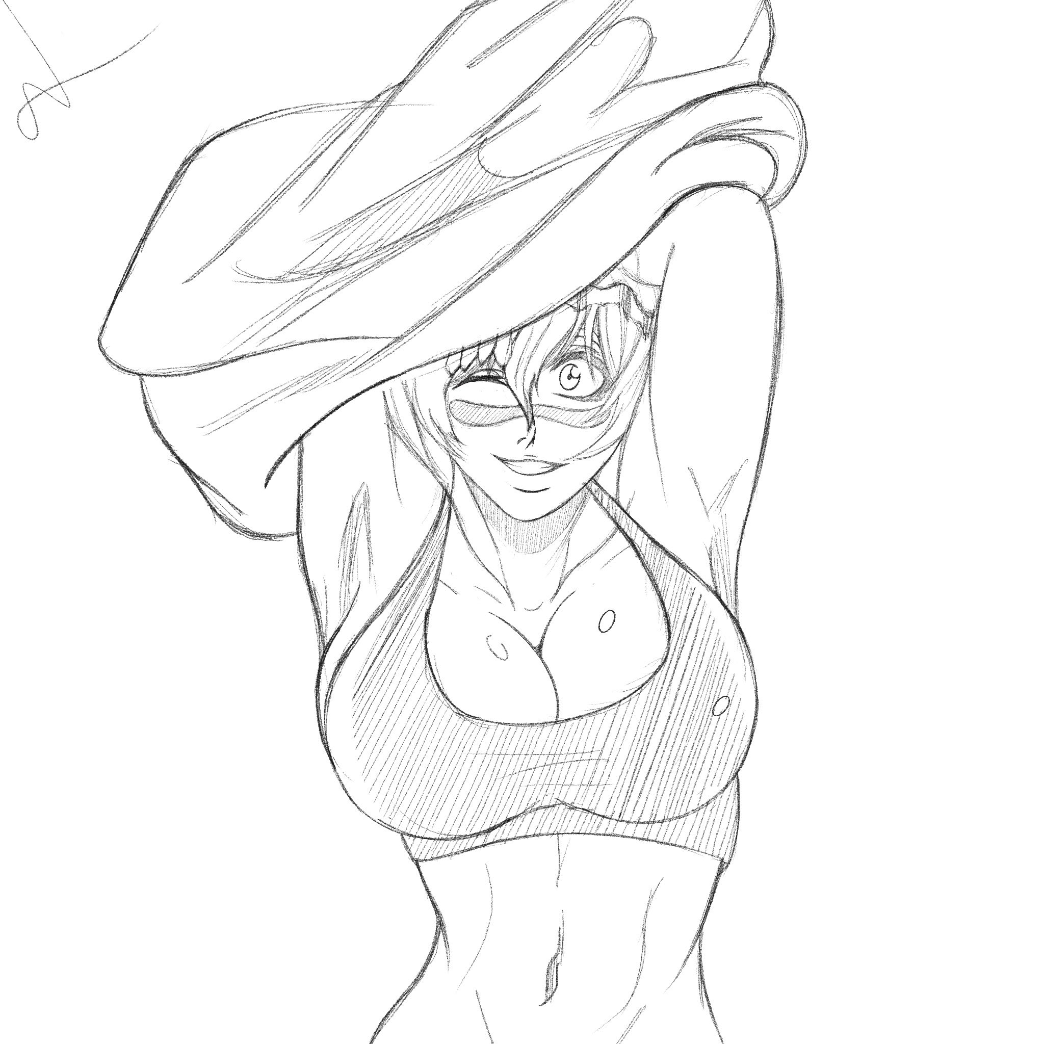 bkaart27, nelliel tu odelschwanck, bleach, 1girl, breasts, dress, large breasts, looking at viewer, navel, one eye closed, smile, solo, sports bra, undressing