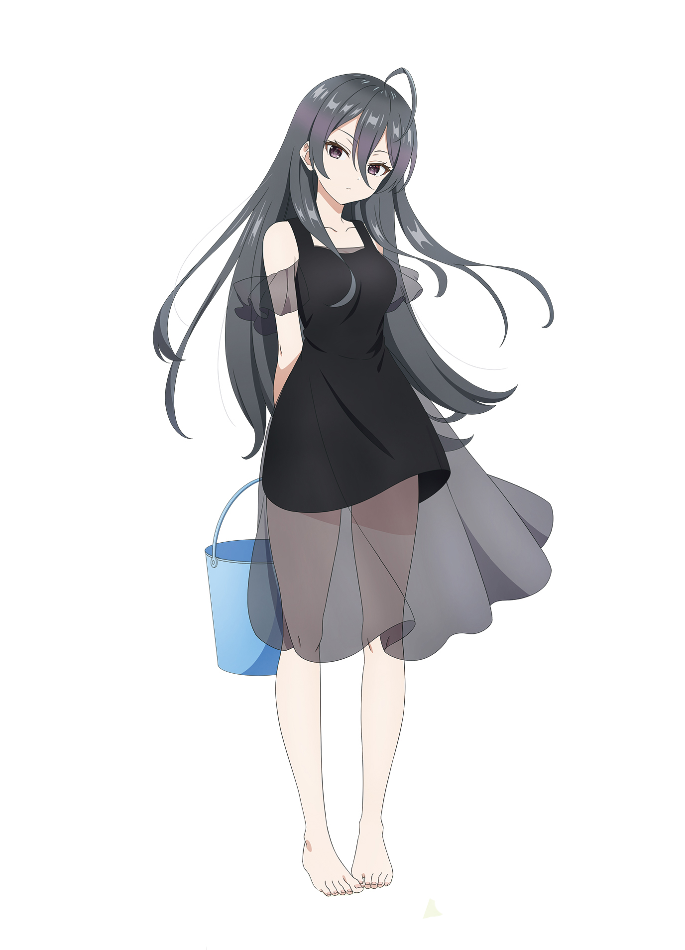 kimishima ayano, doga kobo, tokidoki bosotto roshia-go de dereru tonari no alya-san, cleaned, highres, official art, 1girl, ahoge, arms behind back, bare legs, barefoot, black dress, black eyes, black hair, black skirt, breasts, bucket, closed mouth, collarbone, dot nose, dress, feet, female focus, full body, holding, holding bucket, legs, long hair, looking at viewer, miniskirt, see-through clothes, see-through dress, see-through skirt, simple background, skirt, sleeveless, small breasts, solo, solo focus, thighs, toes, white background