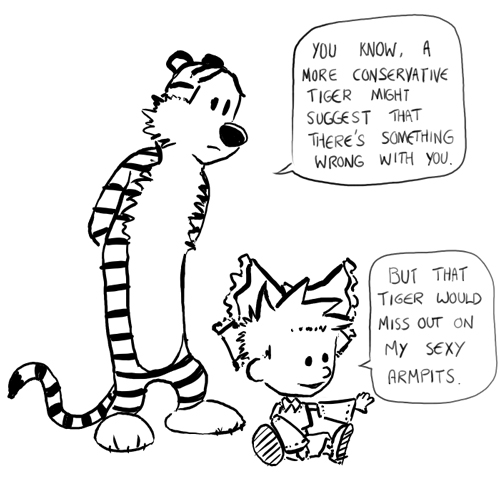 calvin (calvin & hobbes), hakurei reimu, hobbes (calvin & hobbes), calvin & hobbes, touhou, lowres, source request, 2boys, armpits, arms behind back, bow, cosplay, crossdressing, crossdressing (mtf), crossover, detached sleeves, english text, greyscale, hair bow, hakurei reimu (cosplay), japanese clothes, male focus, miko, monochrome, multiple boys, parody, sitting, standing, tiger, white background