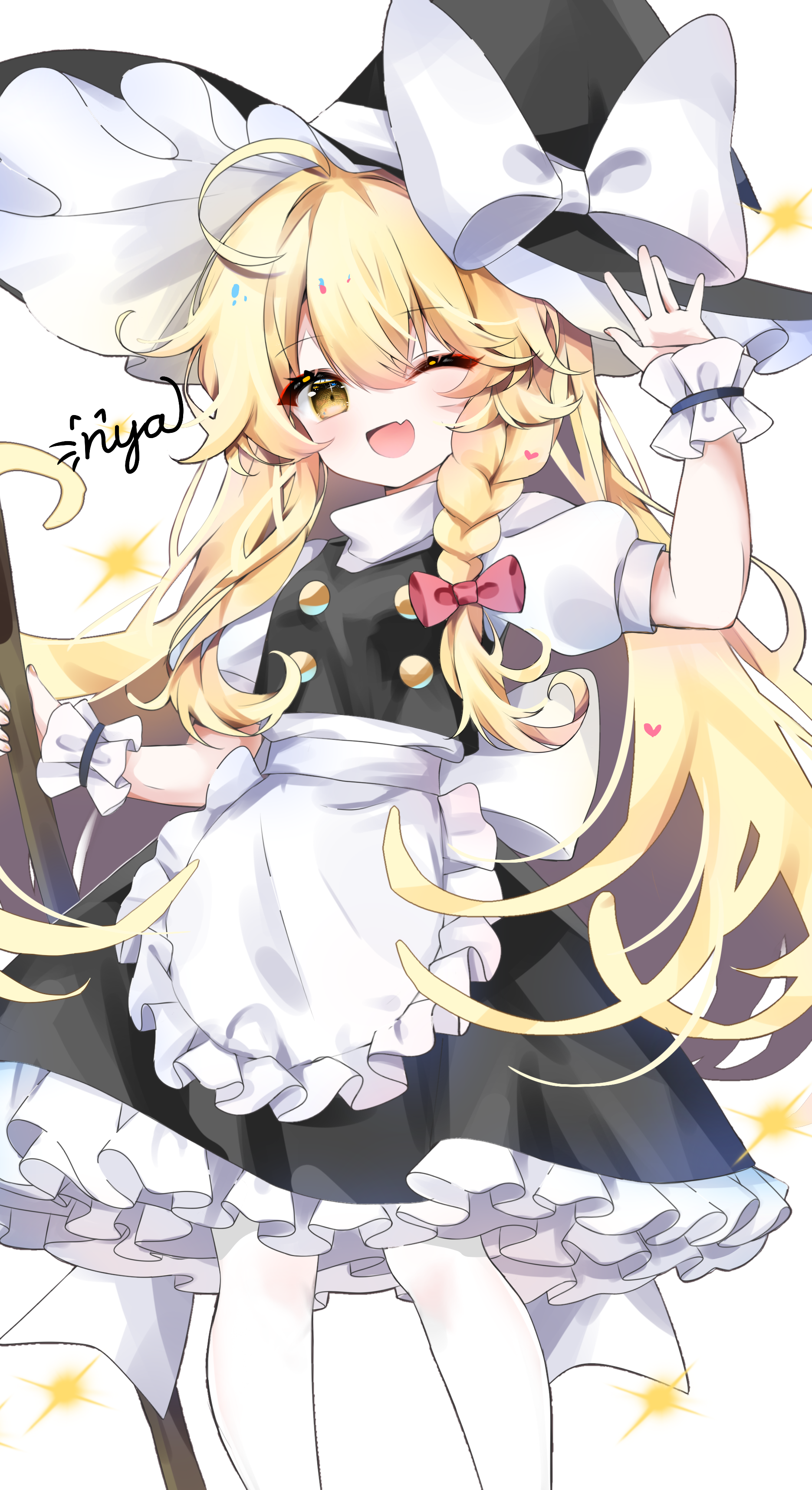 kirisame marisa, touhou, absurdres, chinese commentary, commentary request, highres, 1girl, apron, black hat, black skirt, black vest, blonde hair, blush, bow, braid, broom, fang, frilled skirt, frills, hair bow, hat, hat bow, holding, holding broom, long hair, looking at viewer, nya (pixiv 100585577), open mouth, pantyhose, puffy short sleeves, puffy sleeves, red bow, short sleeves, side braid, signature, single braid, skin fang, skirt, smile, solo, very long hair, vest, waist apron, white apron, white bow, white pantyhose, witch hat, wrist cuffs, yellow eyes