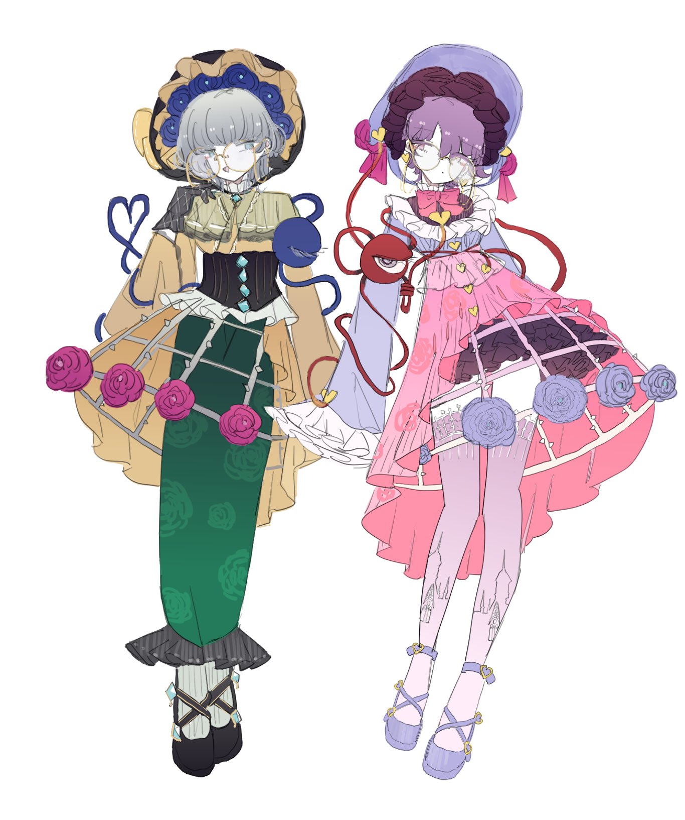 zenritsu, komeiji koishi, komeiji satori, touhou, highres, 2girls, :o, alternate costume, black gloves, black shoes, corset, crinoline, expressionless, flower, frills, full body, glasses, gloves, green skirt, hat, long skirt, long sleeves, multiple girls, open mouth, pink skirt, pink thighhighs, purple shirt, purple shoes, rose, round eyewear, shirt, shoes, short hair, skirt, smile, thighhighs, third eye, white background, yellow shirt