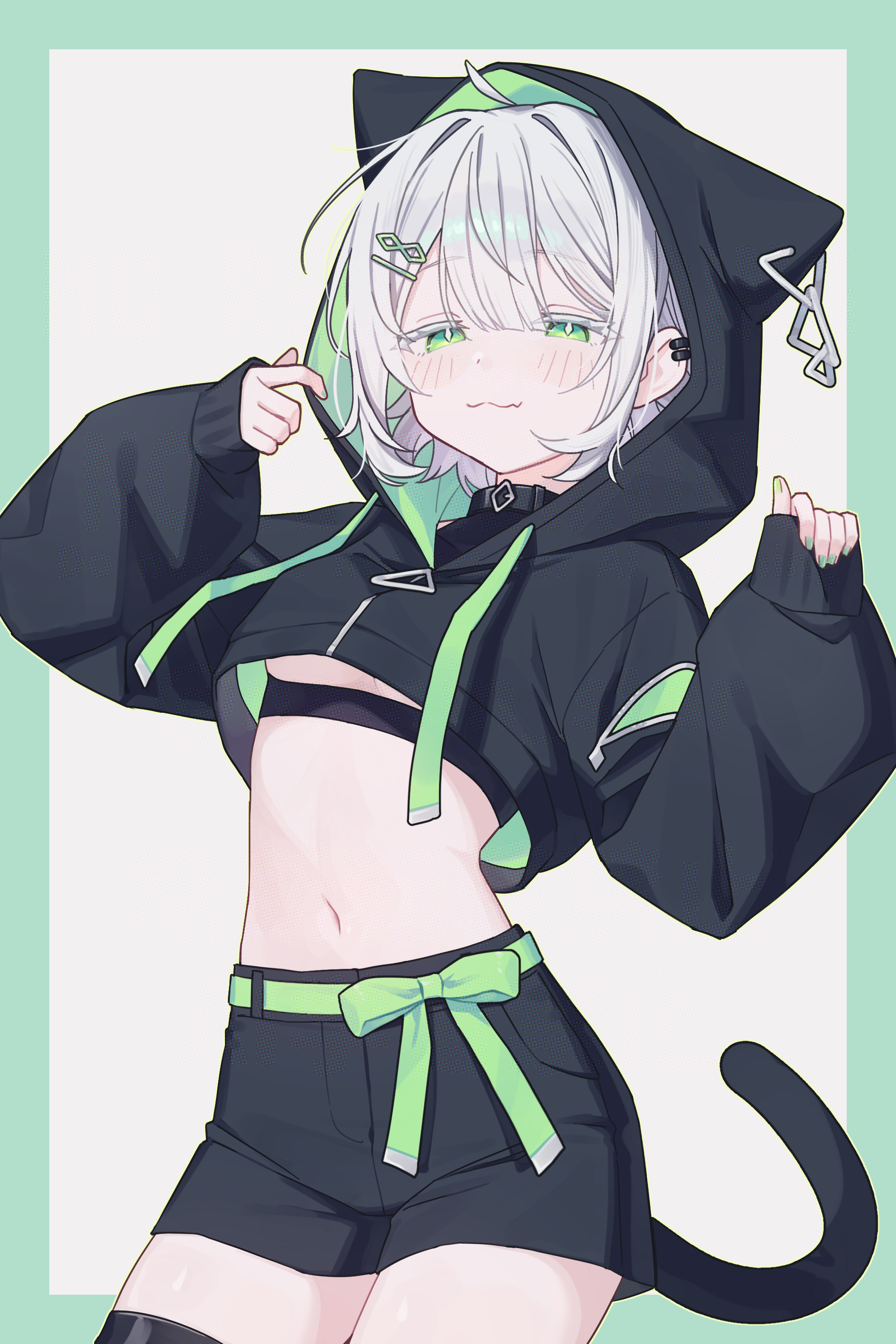 namin (anjpzaobmhbppxs), original, absurdres, commentary request, highres, 1girl, :3, ahoge, animal hood, arms up, belt, belt collar, black belt, black jacket, black shorts, border, cat hood, cat tail, closed mouth, collar, cowboy shot, ear piercing, fang, green border, green eyes, green nails, hair intakes, hair ornament, hairclip, half-closed eyes, hood, hood up, jacket, long sleeves, looking at viewer, midriff, navel, piercing, short hair, short shorts, shorts, simple background, skin fang, sleeves past wrists, smile, solo, tail, white background, white hair