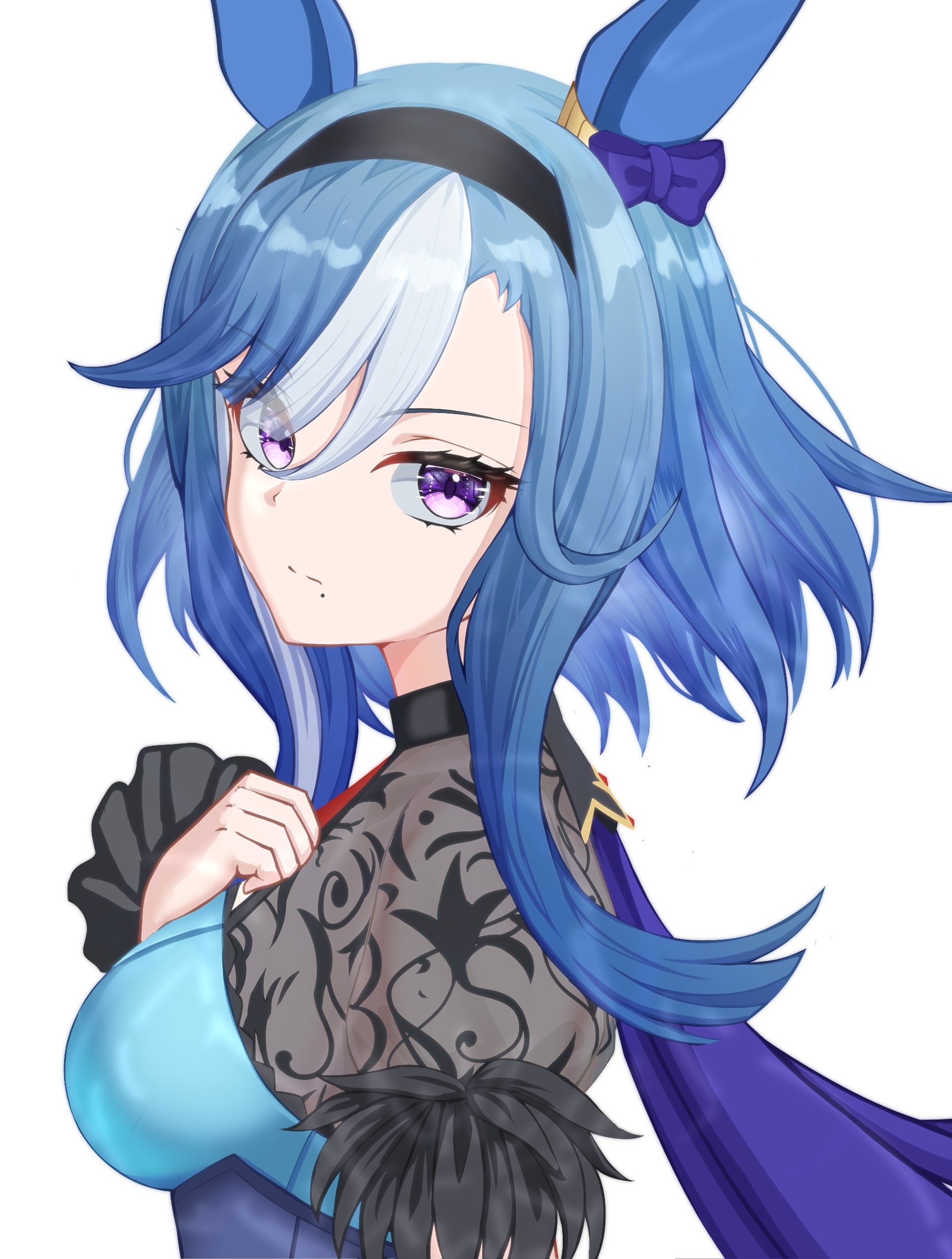 moyashi toufu, admire groove (umamusume), umamusume, absurdres, highres, 1girl, animal ears, blue dress, blue hair, bow, breasts, closed mouth, dress, ear covers, ear ornament, hairband, horse ears, horse girl, lace trim, long hair, looking at viewer, medium breasts, mole, mole under mouth, multicolored hair, purple eyes, simple background, two-tone hair, upper body, white background, white hair, white streaks