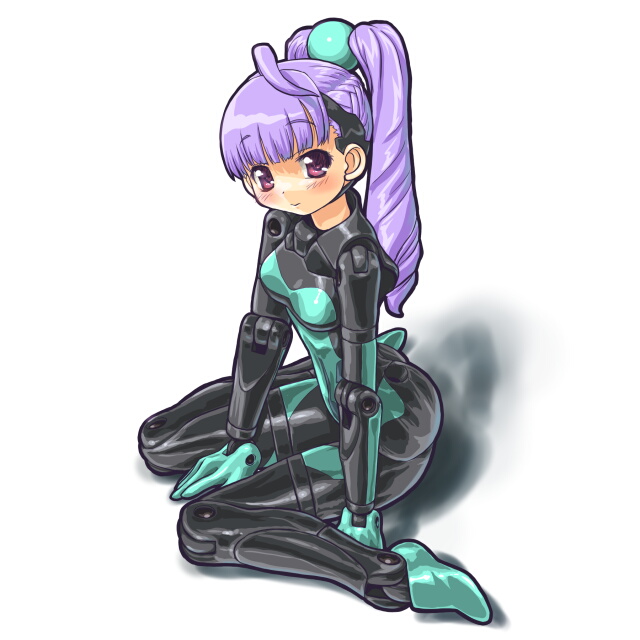 dd (ijigendd), yda, busou shinki, bad id, bad pixiv id, 10s, 1girl, breasts, doll joints, female focus, full body, gradient background, joints, kneeling, long hair, mecha musume, purple eyes, purple hair, solo