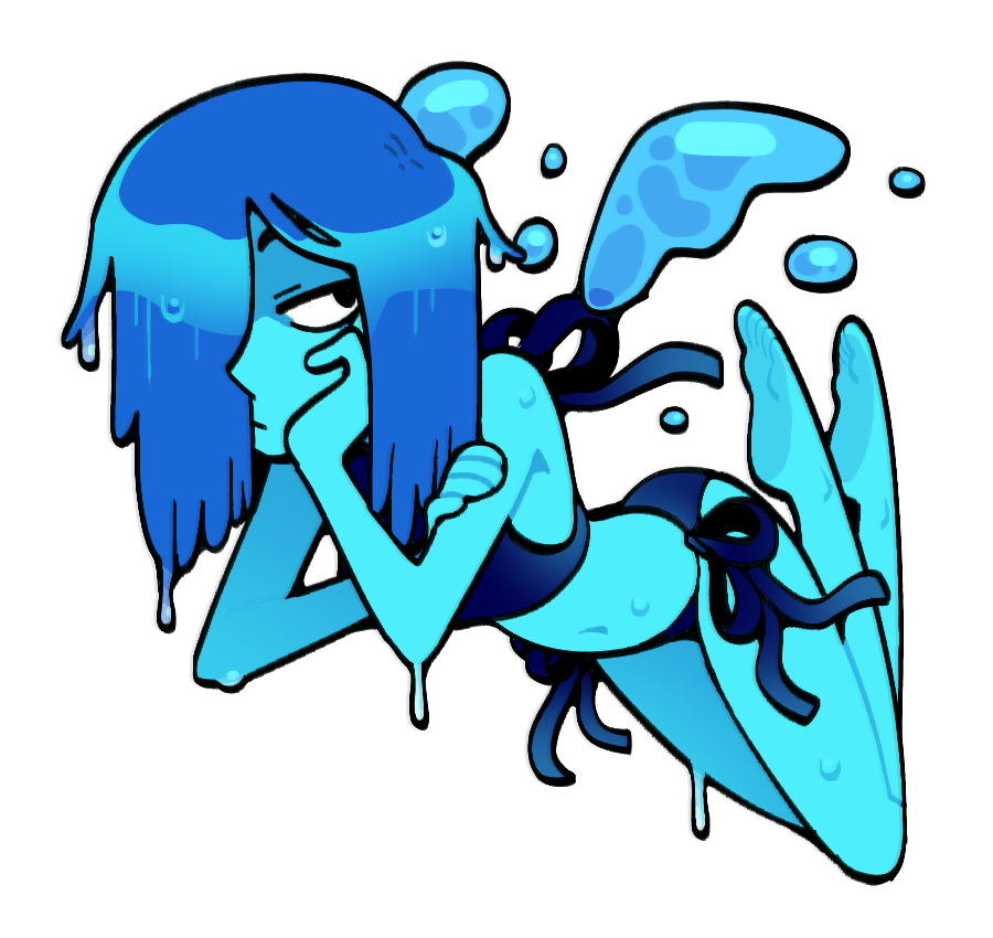 discount-supervillain, lapis lazuli (steven universe), steven universe, 1girl, alternate costume, alternate hairstyle, barefoot, bikini, blue hair, blue skin, closed mouth, colored skin, elemental wings, lapis lazuli (species) (steven universe), liquid wings, medium hair, midriff, simple background, solo, swimsuit, water, water wings, wet, wet hair