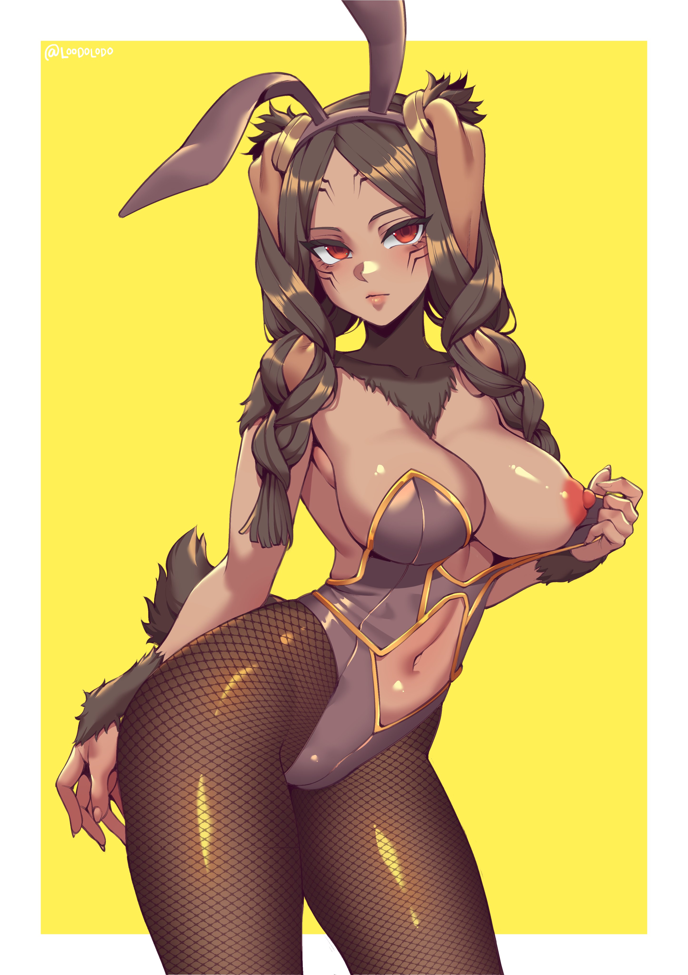 loodolodo, panne (fire emblem), fire emblem, fire emblem awakening, nintendo, absurdres, commission, highres, 1girl, alternate costume, animal ears, armpits, braid, breasts, brown hair, dark-skinned female, dark skin, flashing, hair around ear, large breasts, leotard, long hair, nipple slip, nipples, one breast out, partially visible vulva, playboy bunny, rabbit ears, rabbit girl, red eyes, solo, string belt, taguel, twin braids